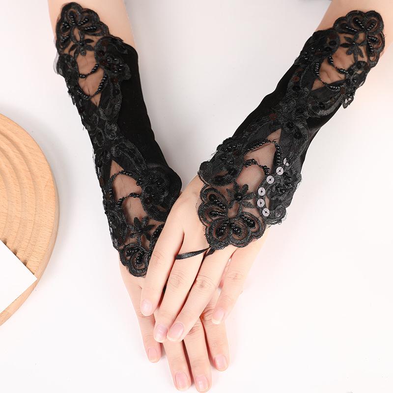 Satin Embroidery Hollow Out Beaded Gloves For Wedding Dresses Sequins Fingerless Wedding Accessories Elegant Bridal Gloves