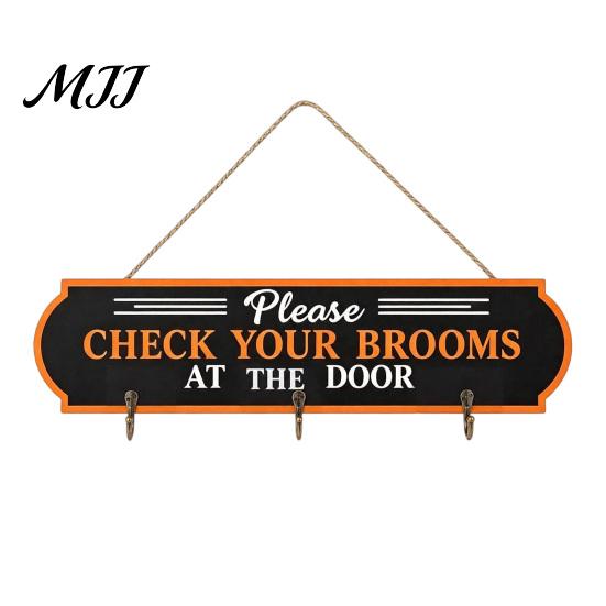 Unique Holiday Wall Art Halloween Broom Parking Sign, Check Your Brooms Wooden Hanging Sign Witch Decor with Hooks for Indoor Outdoor Front Porch Home
