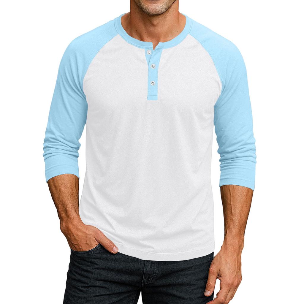 Men's Button-Down Contrast Raglan 3/4 Sleeve Top