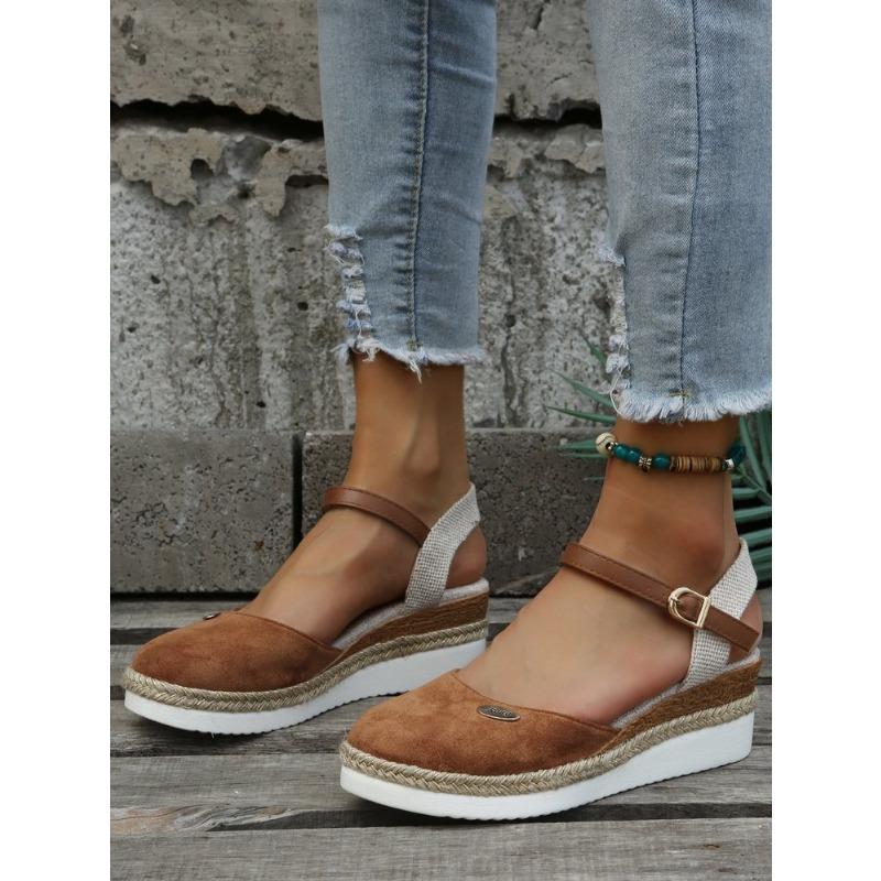 Sommer neuer Taschenkopf hinten leer Keilabsatz Sandalen Damen Hanfseilboden Schnalle dicksohlige Damen Sandalen