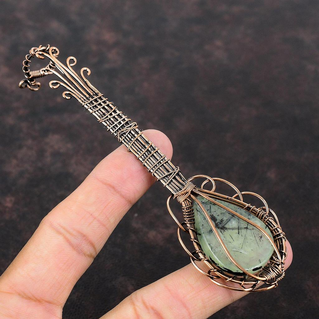 Moss Prehnite Copper Wire Wrapped Pendant Gemstone Pendant Moss Prehnite Copper Jewelry Gift For Her Guitar Pendant Handmade Ethnic Pendant
