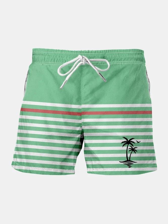 Summer Beach Striped Coconut Tree Drawstring Printed Seaside Beach Casual Men S Shorts S