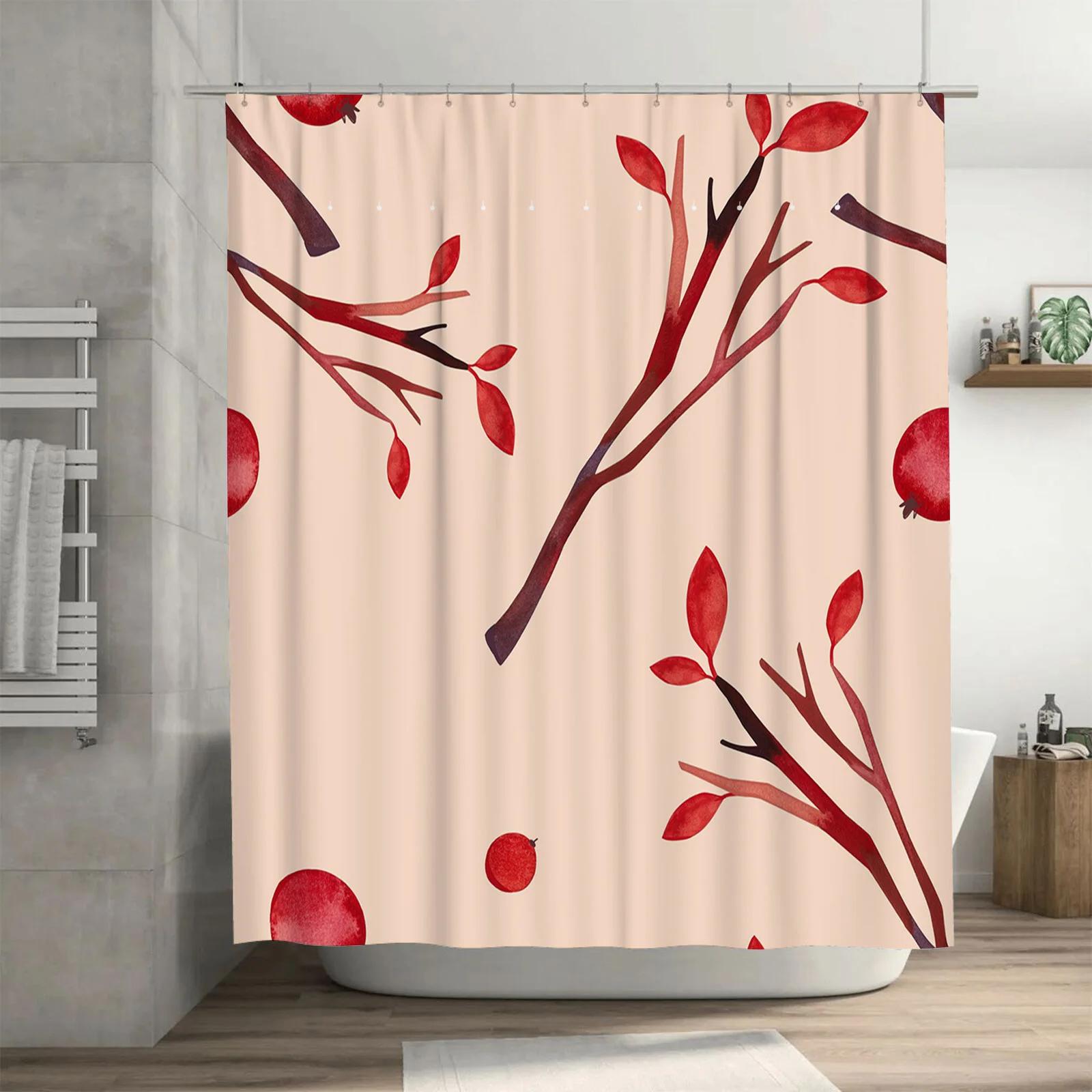 

Artistic Watercolor Shower Curtain Set with Red Fruit Branch Design for Bathroom Decoration Pink Color W90xH180cm