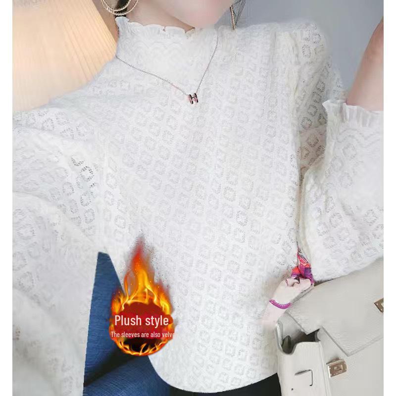 

2228 Plus бархатный кружевной топ: Осенне-зимняя модная рубашка с длинным рукавом и полуворотом L [Recommended 105-114 lbs]