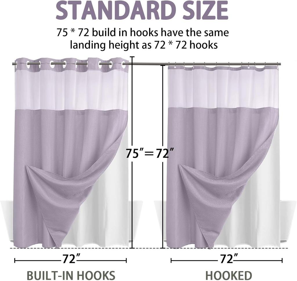 BreezeLoom - Snap-On Shower Curtain with Detachable Liner, 75-Inch x 72-Inch, Soft Lavender