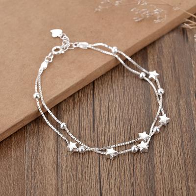 Sterling Silber S925 Silber Armband Runde Perle Fünfzackiger Stern Doppelschicht Armband Einfache Mode Vielseitig Frisch Personalisierte Handschmuck