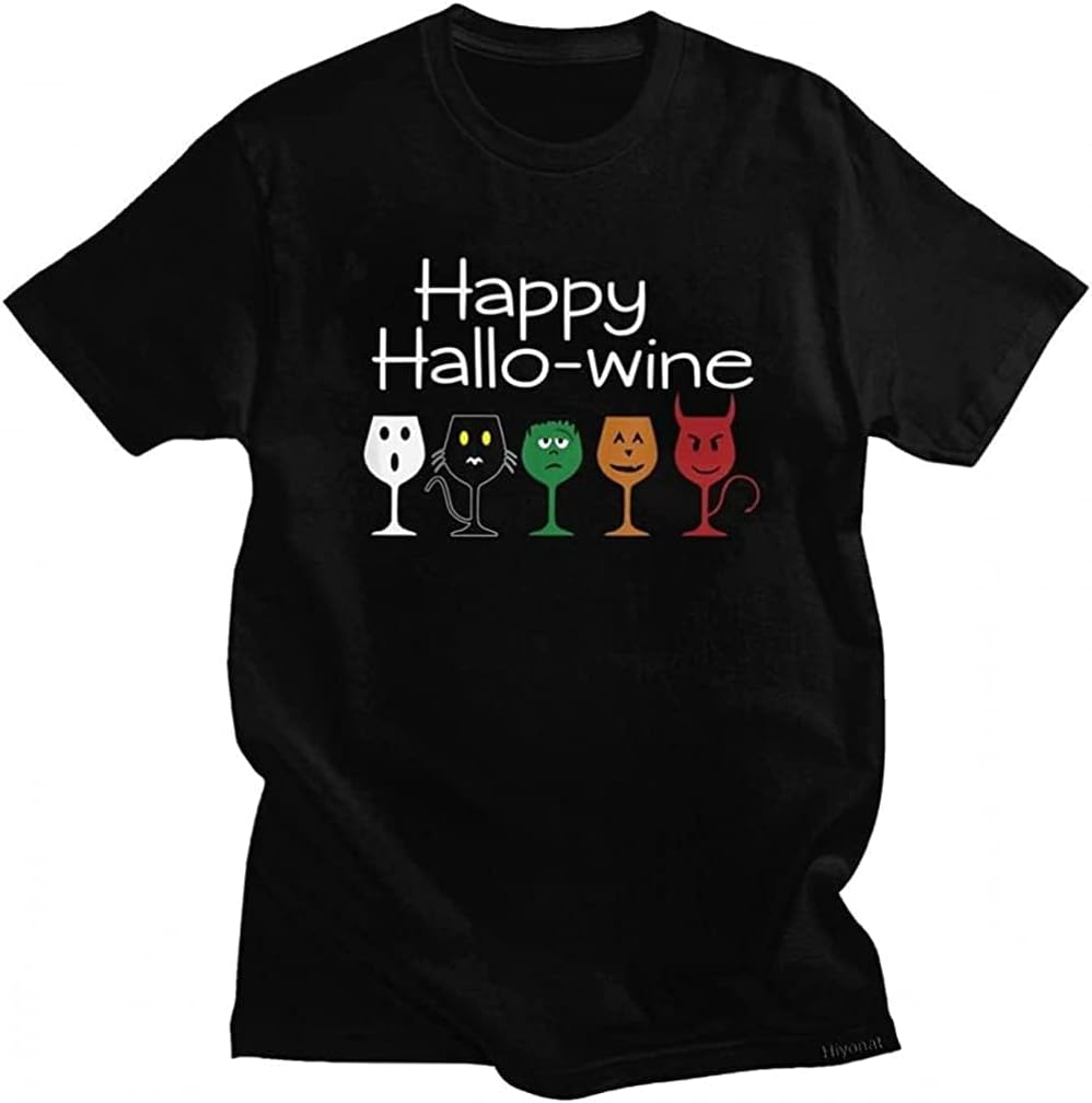 Gorgeous Men T Shirts Happy Hallo Wine Tshirt Short Sleeved Pure Cotton Tee Crew Neck Leisure Funny Halloween Glass Wine Tops Men 4XL чёрный