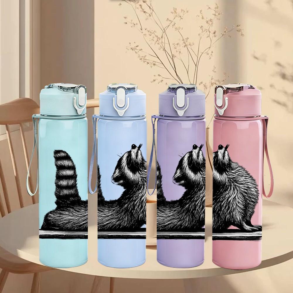 1PC Striped Fluffy Raccoon 750ml Color Plastic Sports Water Bottle Leakproof Flip Straw Lid Suitable for Sports Office Home Use