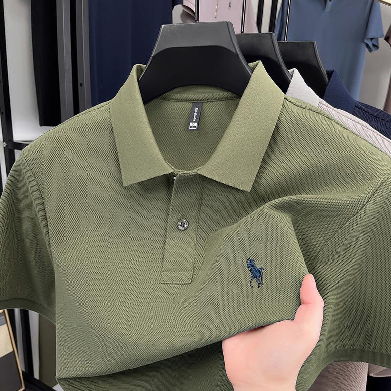 Pánské polo tričko s krátkým rukávem z perlové bavlny, luxusní, ležérní, s půl rukávem a vyšívaným logem poníka, klopou