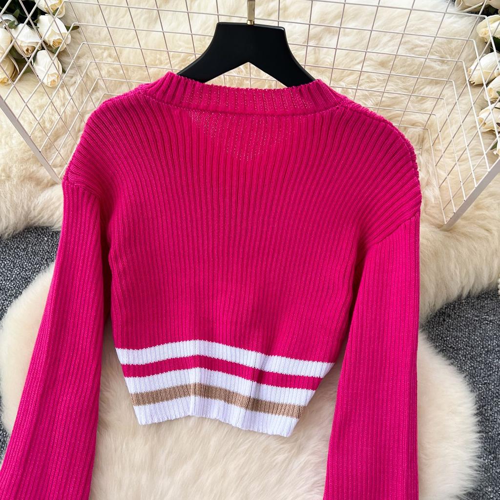 Colorblocking Short V-neck Knit Top Women's High Waist Tight Hip Half Skirt Sweater Suit
