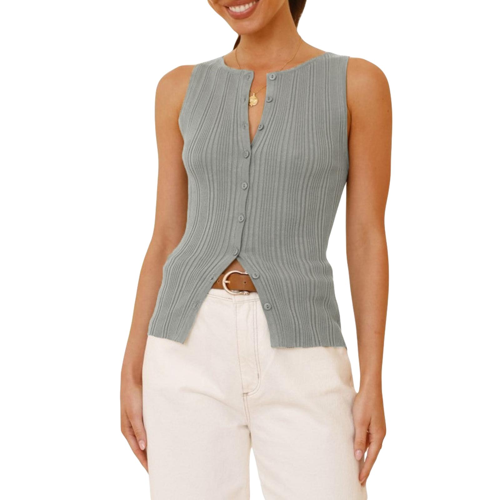 

Женские ребристые трикотажные топы, тонкие однотонные рубашки без рукавов с круглым вырезом и застежкой на пуговицы на лето L серый