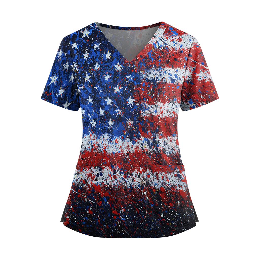 Women's Independence Day Print V-Neck Double Pocket Short Sleeve Uniform with Slit Hem - Caregiver Top