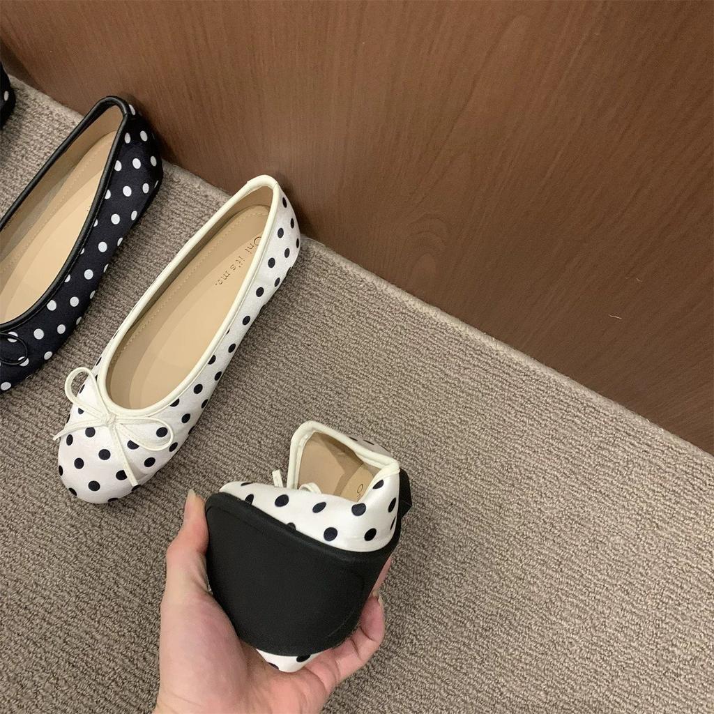 Soft-Soled French Spring Polka Dot Mary Jane Single Shoes Women'S One-Pedal Ballet Shoes Bow Flat Bottom