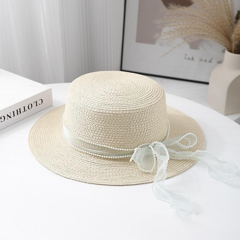 New French Lafite Sweet Bow Straw Hat Women's Spring Summer Simple Sunscreen Breathable Sunshade Elegant Flat Top Hat