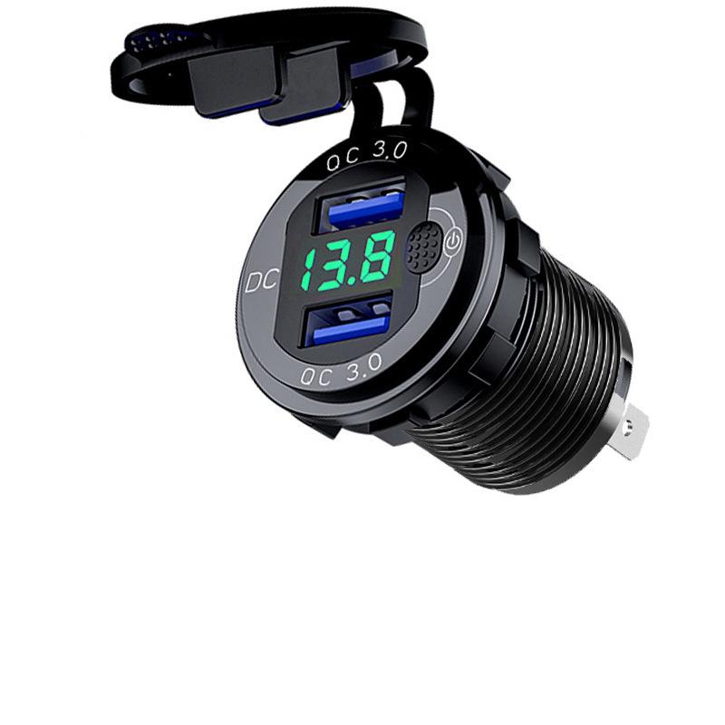 Aluminum Quick Charge Dual QC3.0 USB Car Charger Socket with Digital Voltmeter With Switch Button for Marine Motorcycle Truck