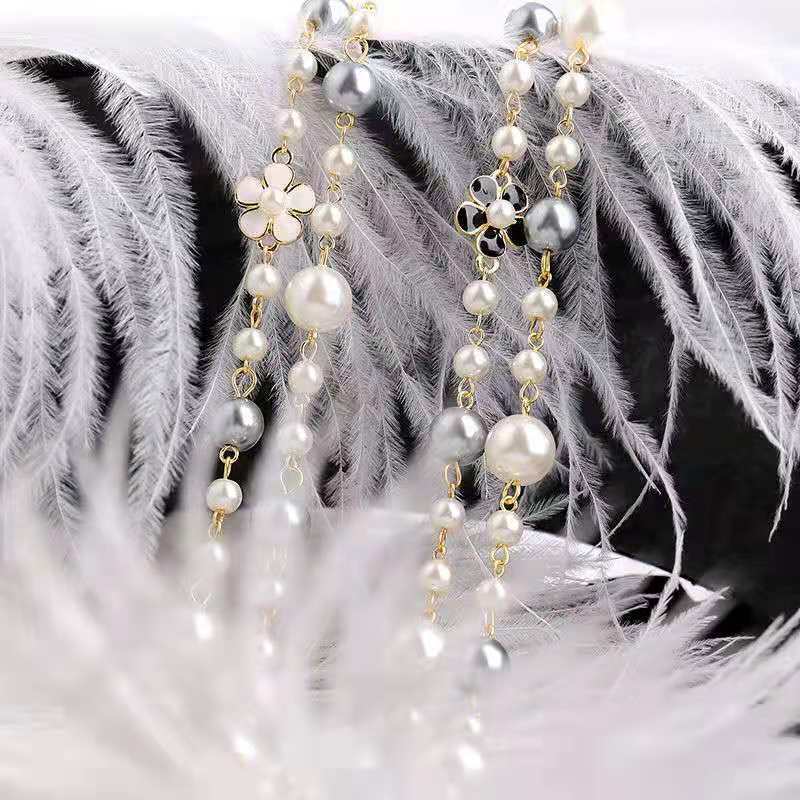 Long Pearl Necklace with Double-Sided Enamel Camellia Pendant, Coquette Aesthetic Y2K Minimalist French Chic Versatile Layering Chain for Women