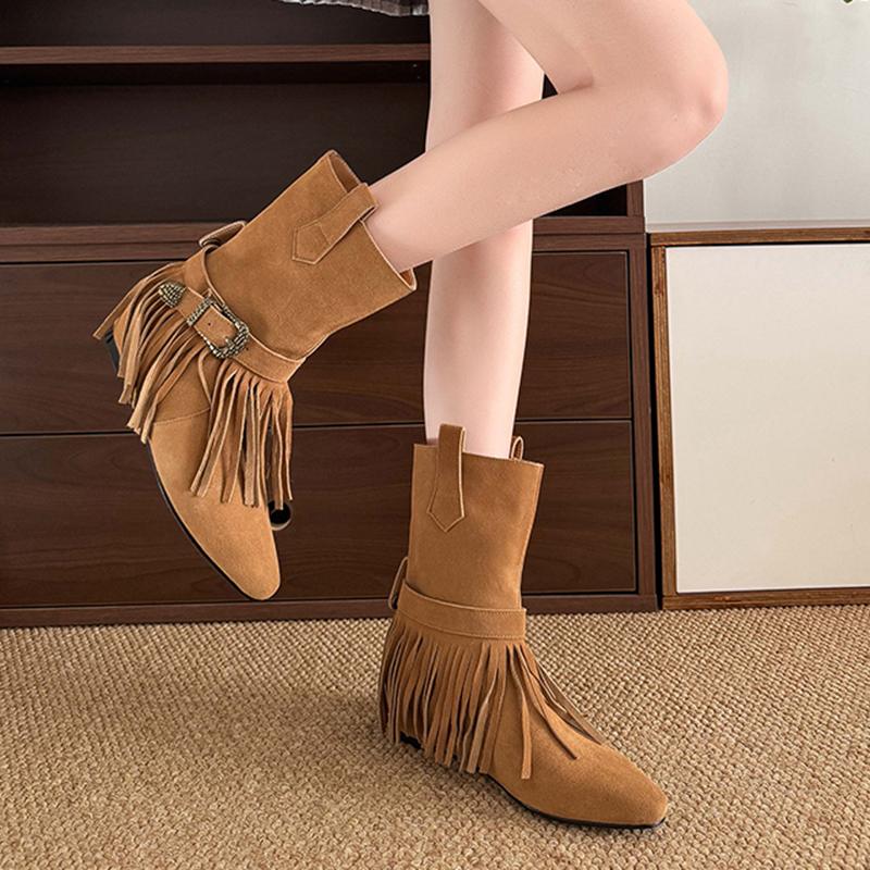 Vintage Tassels Decor Riding Boots Women  Slip On Buckle Low Heels Mid Calf Boots Woman Pointed Toe Western Stray Botas