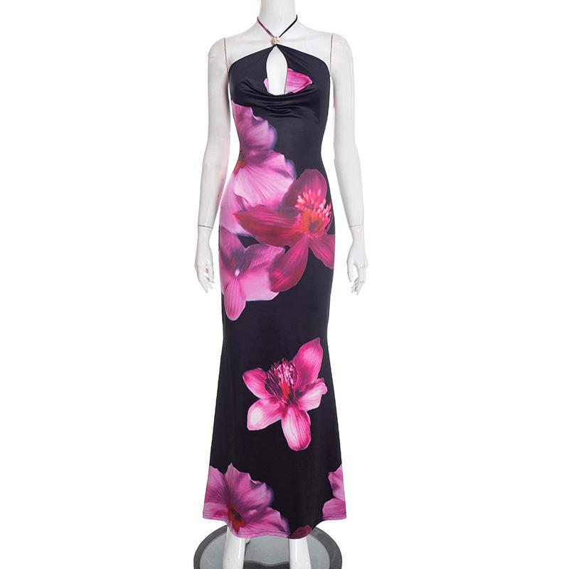 D25DS572 Women s Floral Print Cross Halter Fishtail Dress - Spring Collection S чёрный