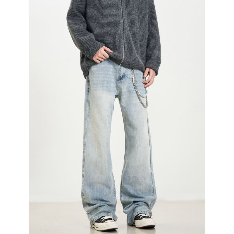 Kisko American High Street Washed Commuter Blue Flared Jeans Unisex Versatile Straight-Leg Cleanfit Pants