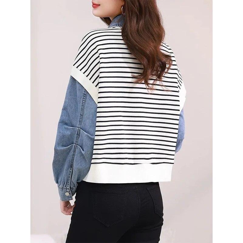 Spring Autumn Fake Two Pieces Knitting Demin Patchwork Shirt Ladies Long Sleeve Vintage All-match Vest Blouse Women's Clothing