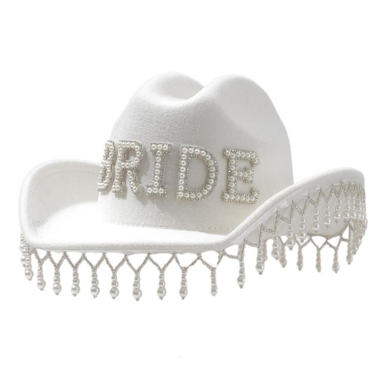 Luxurious Pearls Cowboy Hats Bride Hat Panama Hat for Bachelorette Party Cowboy Hats for Club Stage Shows