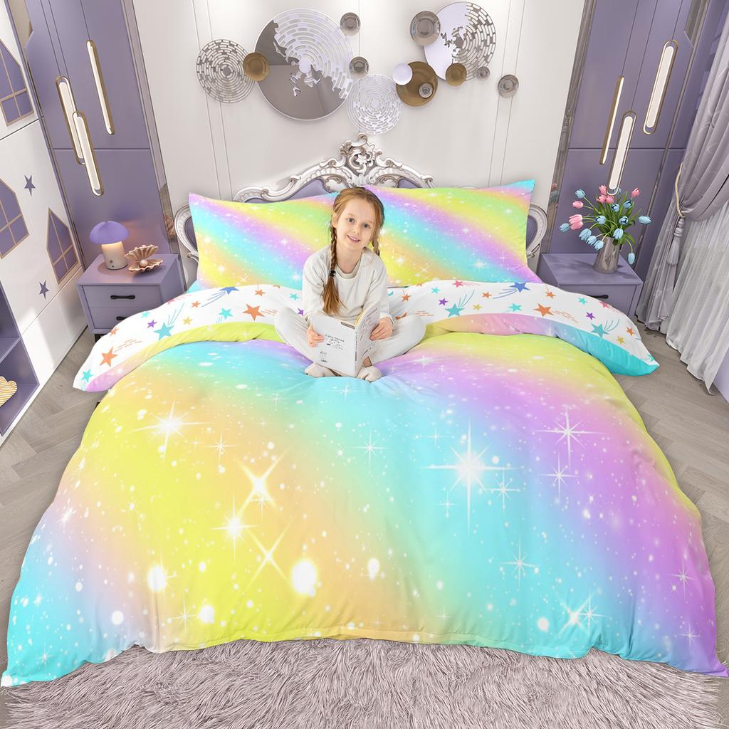 Homewish Kawaii Rainbow Duvet Cover Set for Girls, Glitter Stars Quilt Cover Set, Psychedelic Galaxy Bedding Set