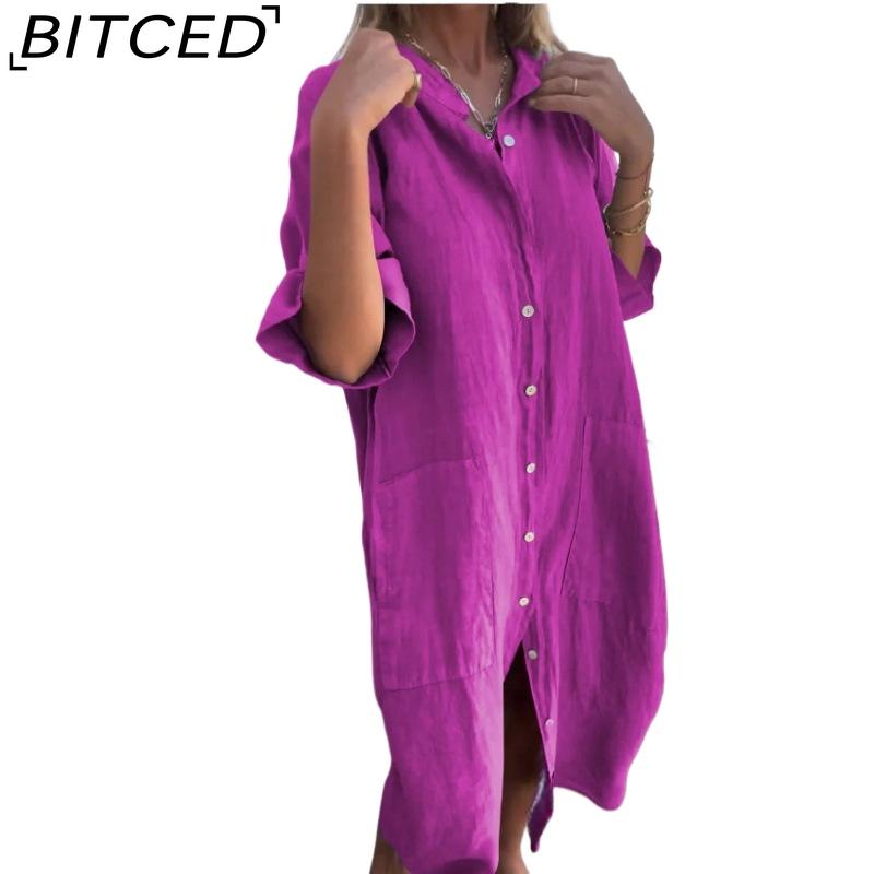 BITCED Women's Fashion Summer Spring Solid Color Print POLO Neck High Waist Casual Dresses