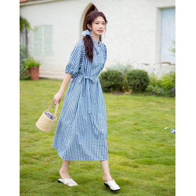 Mocana Damen Französisch Blau Kariertes Kurzarm Midi Kleid