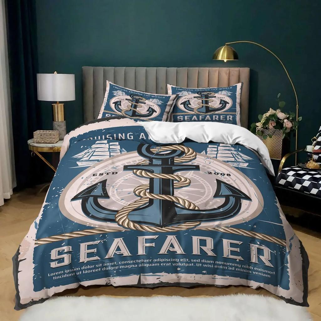 Nautical Theme Bedroom Quilt Cover Set Ocean World Printed Bedding Three-Piece Quilt Cover