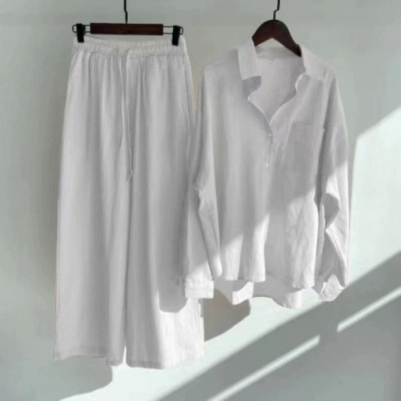 Spring Fashion Plus Size Women's Two-Piece Set: Cotton Linen Shirt & High-Waisted Loose Trousers
