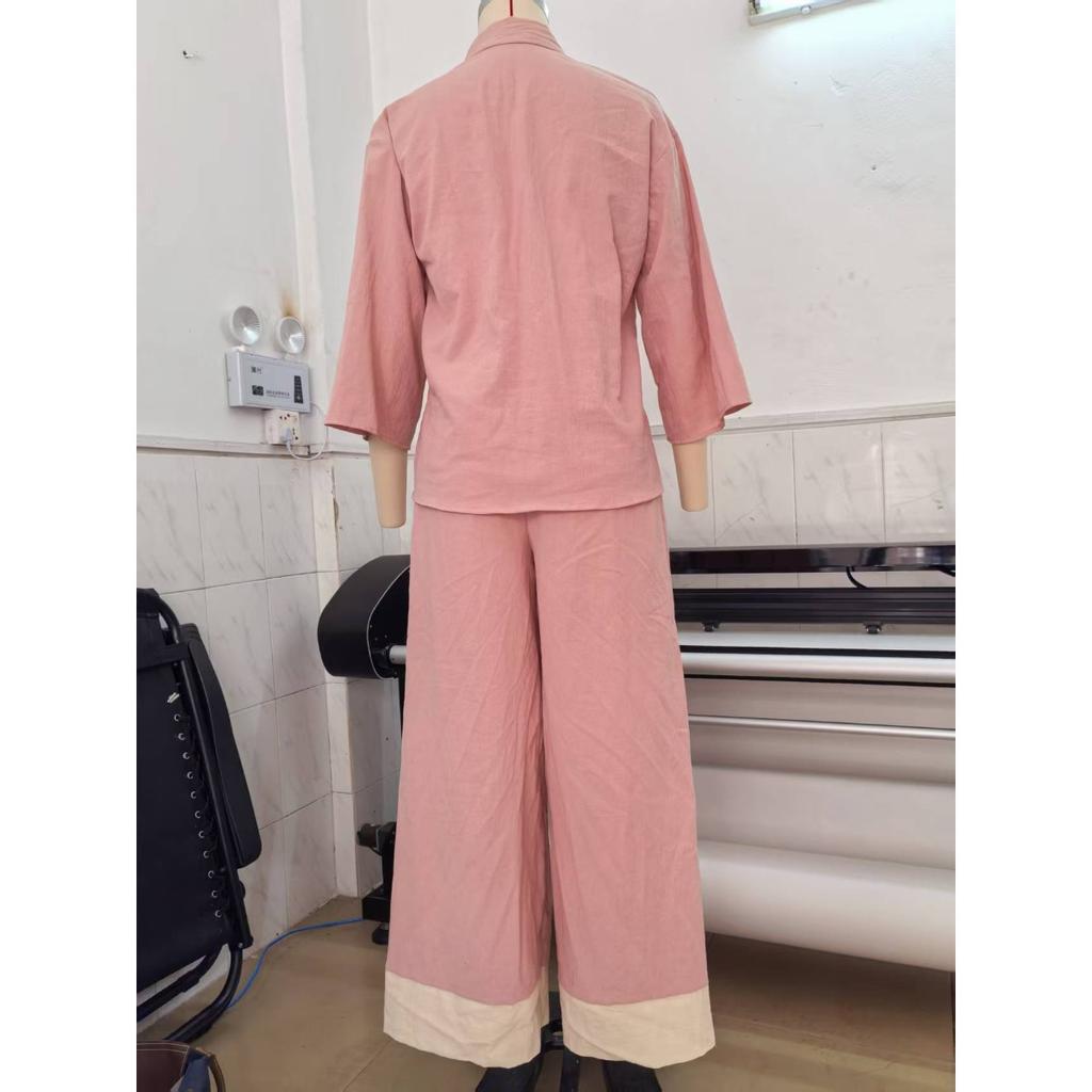 Women's Spring Summer French Linen Cotton Set V Neck 3/4 Sleeve Shirt + Color Block Wide Leg Pants Outfit