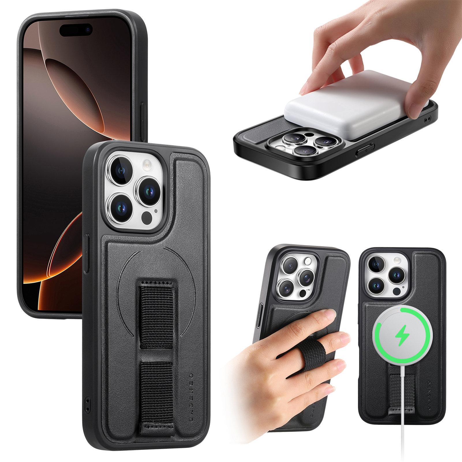 

For iPhone 13 Pro Max 6.7 inch Magnetic Case CASENEO Wristband PU Leather+PC Shockproof Phone Cover Black