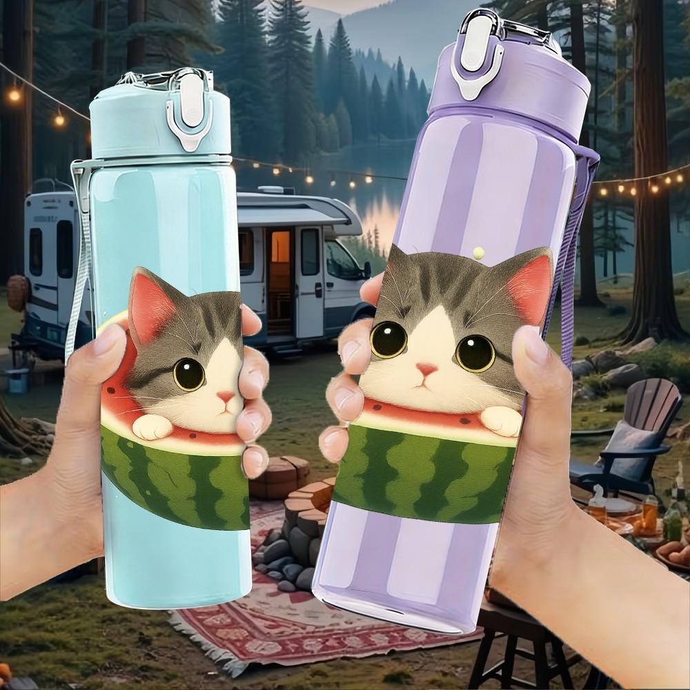 1PC Cat Inside Watermelon Fruit Pattern 750ml Color Plastic Sports Water Bottle Leakproof Flip Straw Lid Suitable for Sports Office Home Use