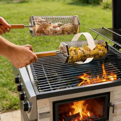 Edelstahl-Roll-Grillkorb mit Holzgriff Drehbarer Grillkäfig für Camping-Picknicks Platzsparendes Stapeldesign Grillkorb für