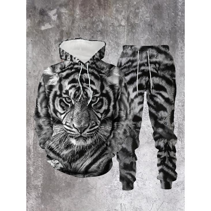 

Men S Spring Autumn Winter 3D Printed Casual Gray White Tiger Head Sweatshirt Hooded Set |, Crew Neck, Regular Fit, All Over Print, Slight Stretch, 6XL