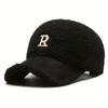 Classic Letter R Embroidery Baseball Cap Color Block Coldproof Warm Dad Hats Plush Adjustable Sun Hat for Women Autumn & Winter