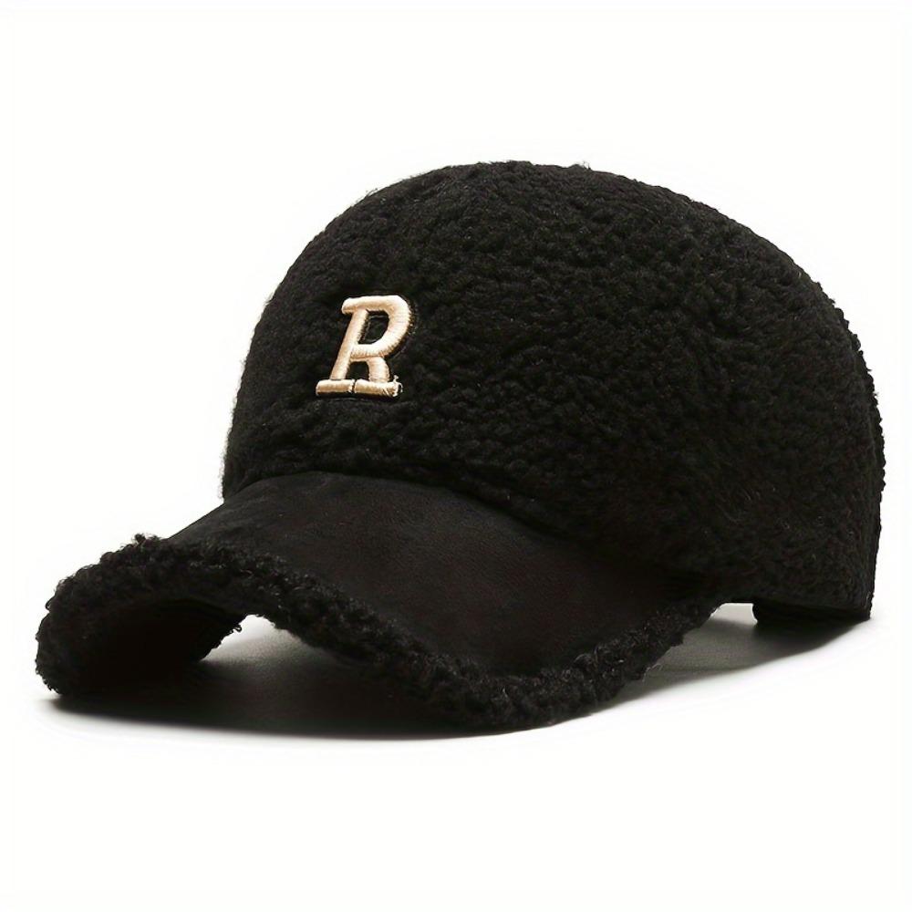 Classic Letter R Embroidery Baseball Cap Color Block Coldproof Warm Dad Hats Plush Adjustable Sun Hat for Women Autumn & Winter