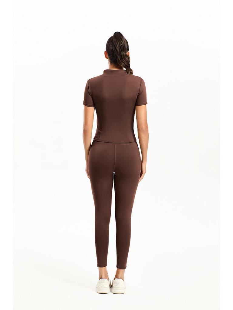 European & American Solid Color Yoga Two-Piece Set: Short Sleeve Top & Nine-Point Pants