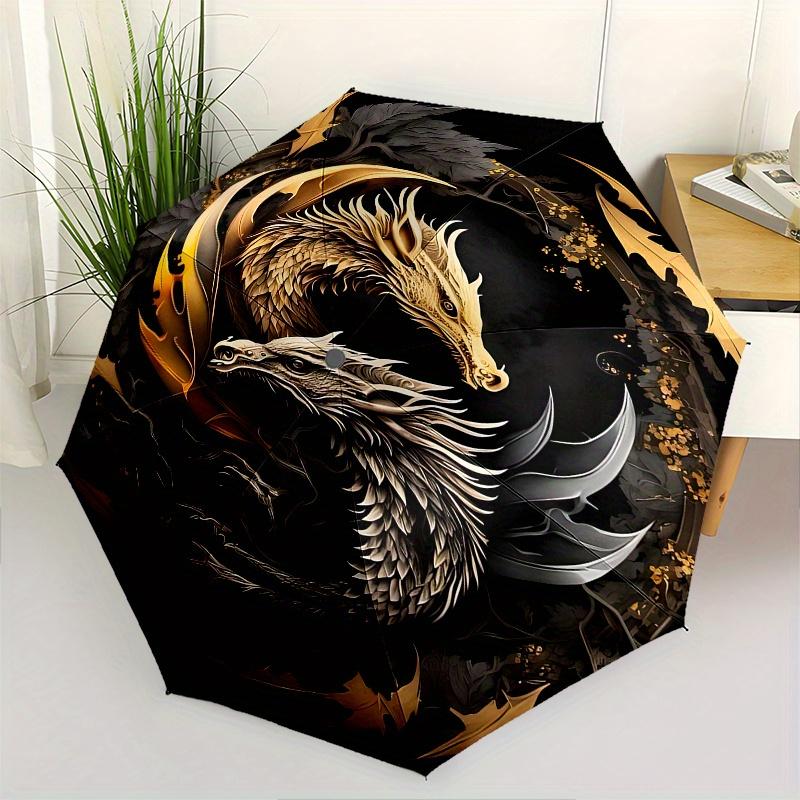 

Dragon Yin Yang Themed Automatic Opening and Closing Umbrella Creative Design Umbrella, Portable Tri fold Small Umbrella for Men and Women