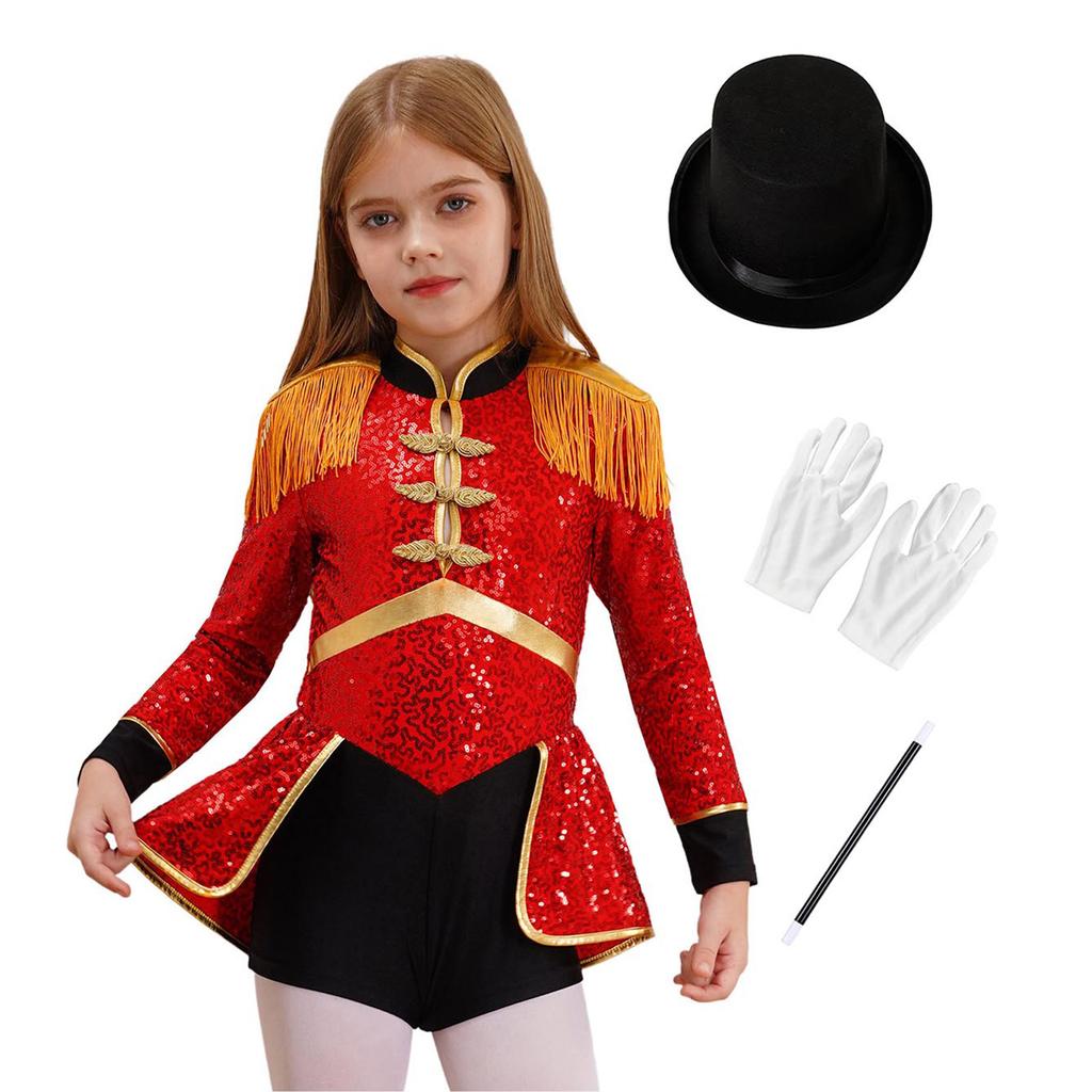 Dívčí kostým Ringmaster Cirkusový kouzelník Bubeník Cosplay Kostým Flitry Body Klobouk Rukavice Hůlka Set Halloweenský kostým