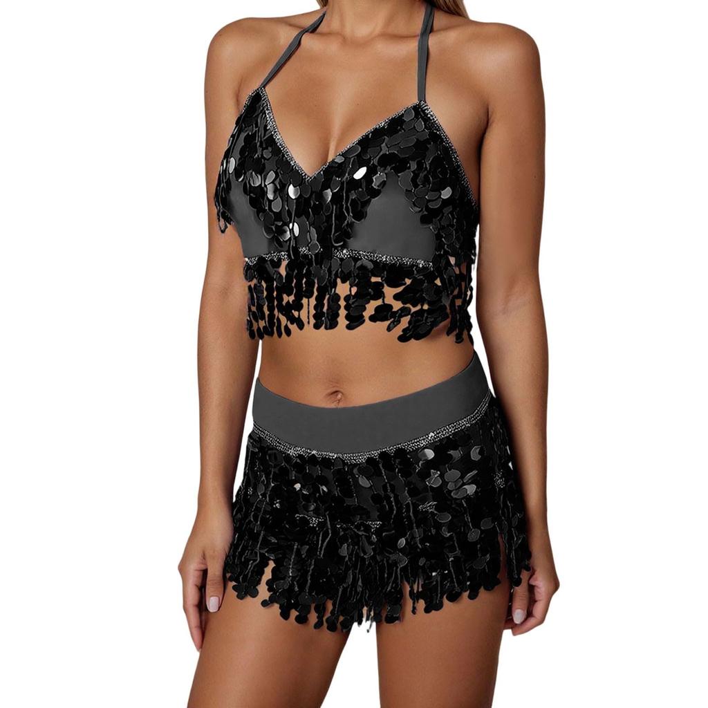 2 Deler, BH med paljettdusker, Topp med frynser, Magedansskjørt, Karneval, Klubb, Kostymer