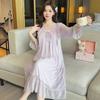 Ling Lei Chunqiu Solid Color Square Neck Lace Bow Mesh Court Princess Style Long Nightdress Pajamas Loungewear