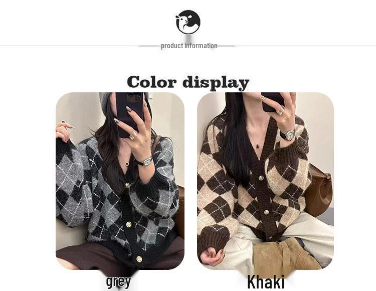 100% Alpaca Color Block Diamond Cardigan - Women's Autumn/Winter V-neck Long Sleeve Outerwear