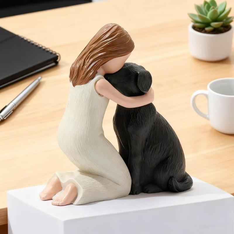 Girl Embracing Dog Sculpture Resin Miniature Statue Loss of Pet Sympathy Gift for Living Room Bedroom Display Ornament