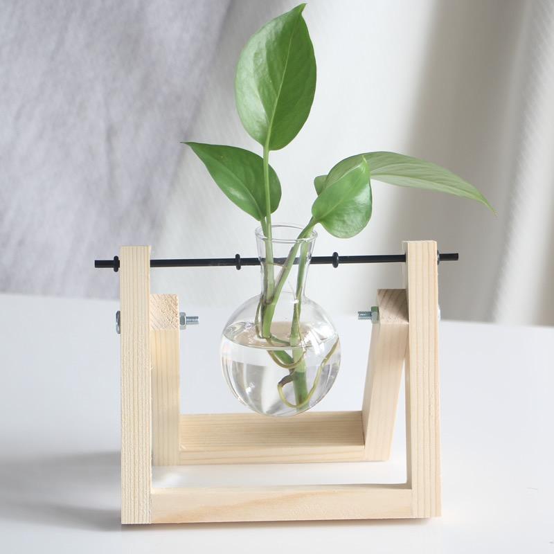 Desktop Glass Vase Wooden Frame Transparent Glass Ball Hydroponic Plant Container Flower Pot Home Bonsai Decor