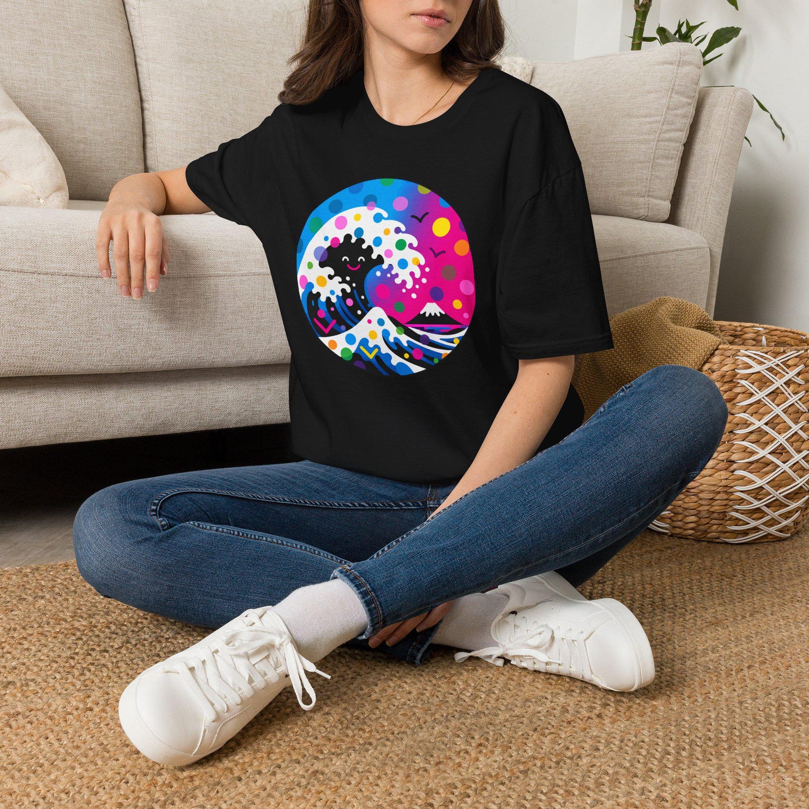 awaii Wave Lite Tee | The Great Wave Series XII - Happy Tide | Smiley Ocean Shirt | Cute Pop Art Tee S
