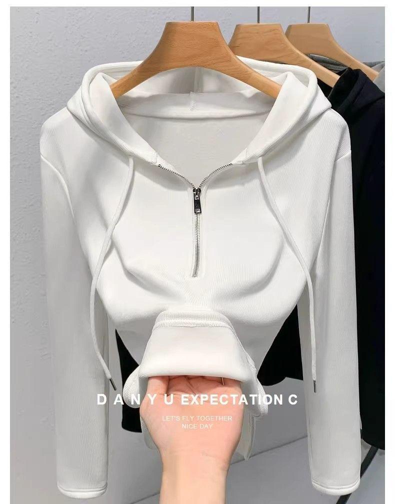 Women's Silver Fox Fleece-Lined Hooded Half-Zip Slim-Fit T-Shirt for Autumn/Winter 2025.