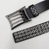 Original American Heavy Duty Leather Belt with Punk Eyelets and Rivets, Three-Pin Buckle, Unisex Cowhide Design