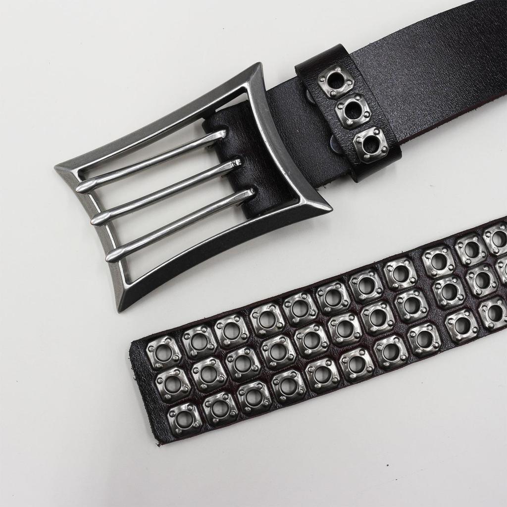 Original American Heavy Duty Leather Belt with Punk Eyelets and Rivets, Three-Pin Buckle, Unisex Cowhide Design