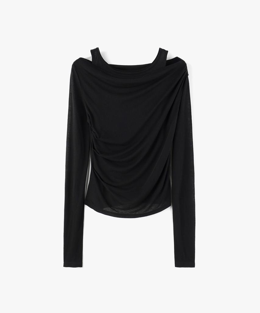 Mongdol [Set] One-Shoulder Draping Layered T-Shirt Black Mdts088Black